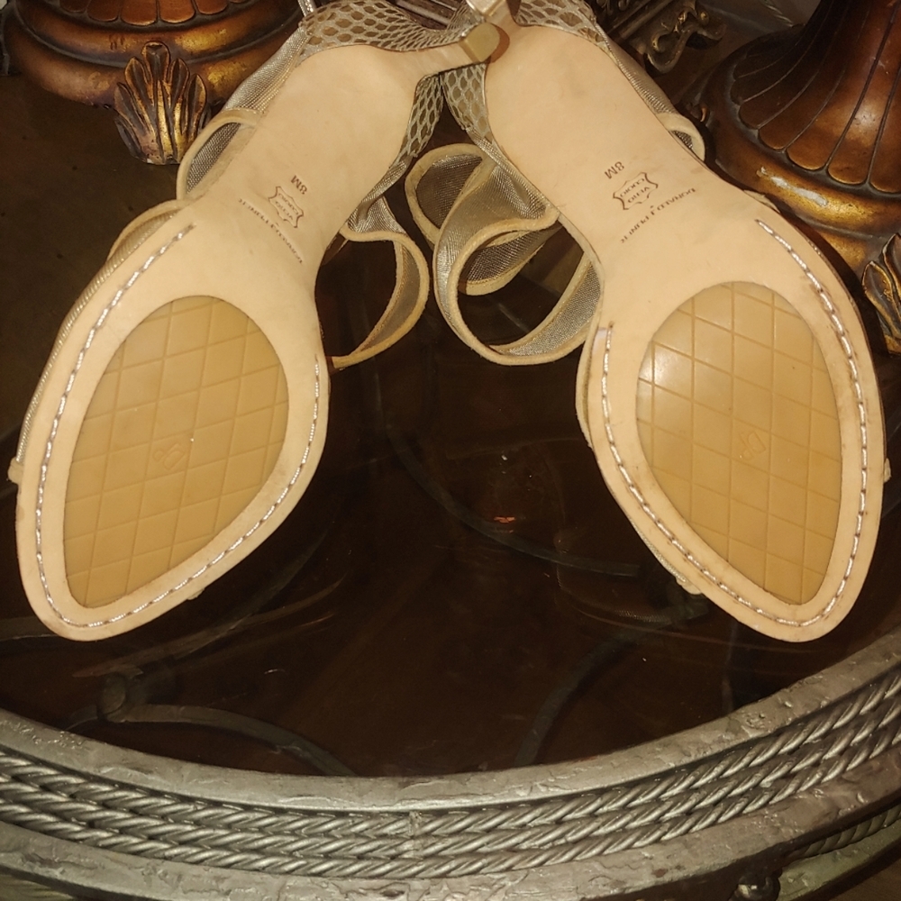 NEW DONALD J PLINER 8 M TAN & GOLD SNAKESKIN LEATHER MESH SANDAL HEELS - Picture 8 of 11